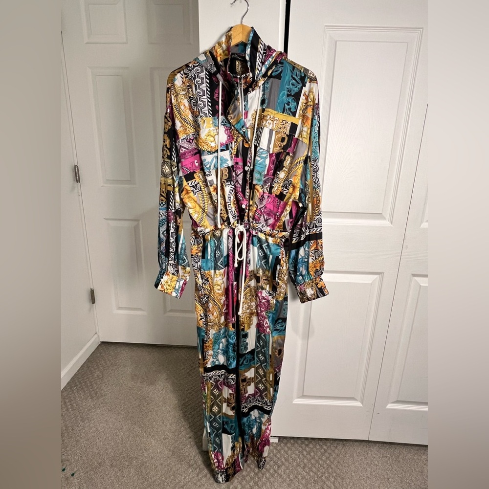 Goodtimes Jumpsuit Romper Multi Colored Eclectic Patchwork & Chain Print XL Zip